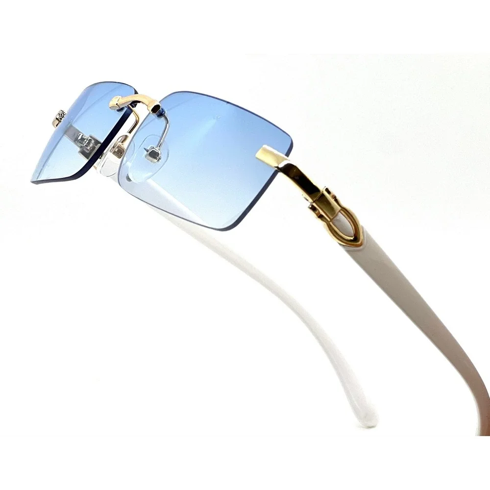 Mens Rimless Rectangle Sunglasses Blue‎ Gradient Lens Gold White C-Decor Frame